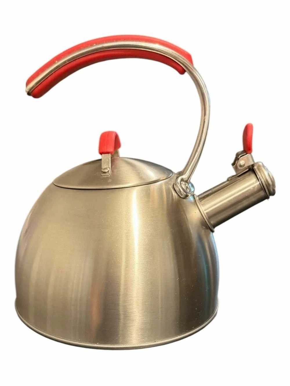 Masterclass Brushed Stainless Steel Whistling Tea Kettle Red Ergo Handles